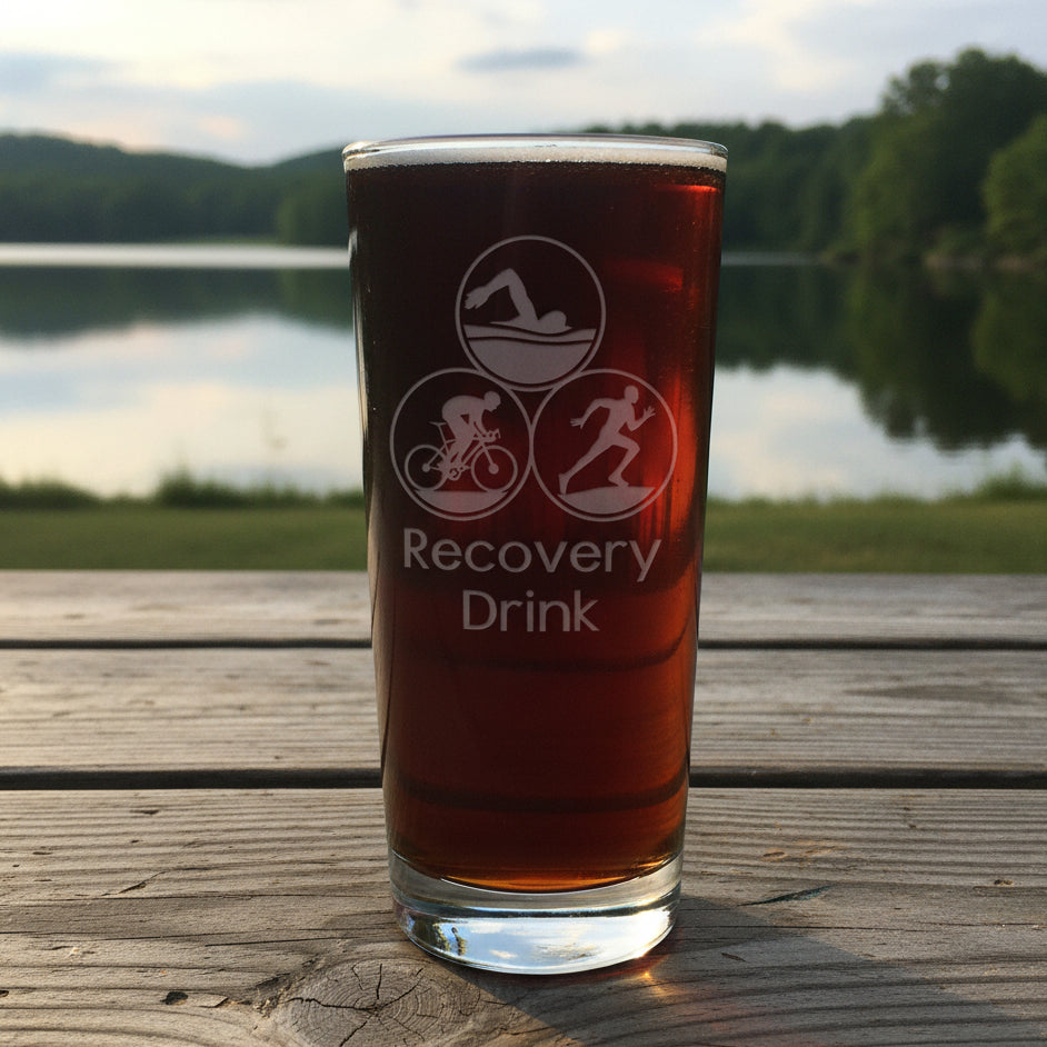 Glass with 'Recovery Drink' text and Running, Biking, and Cyclist