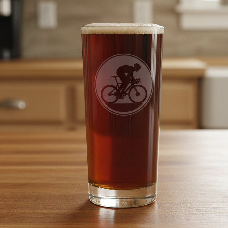 Cooler glass with a cyclist silhouette with a kichen in  the background