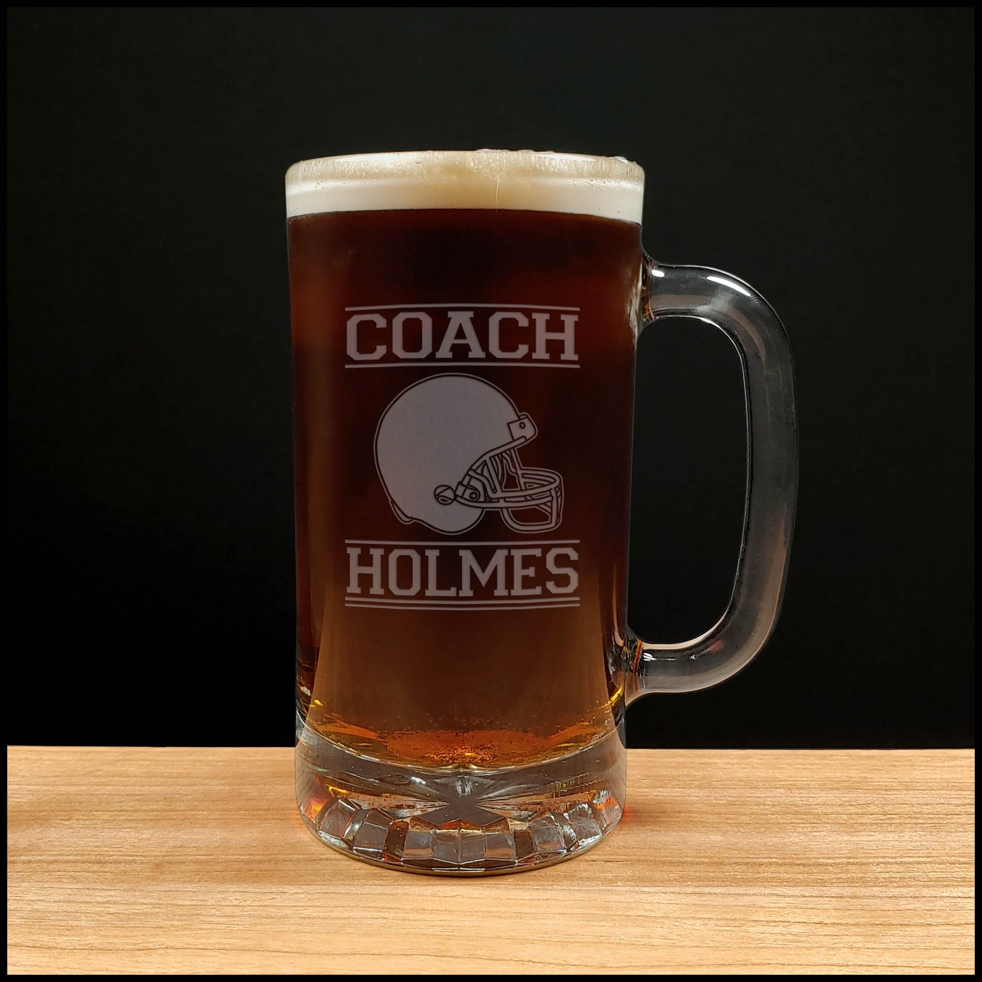 Football Coach 16oz Etched Beer Mug with Football Helmet