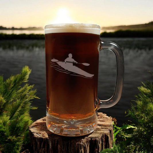16oz Beer Mug with an image of a Kayaker  - copyright Hues in Glass