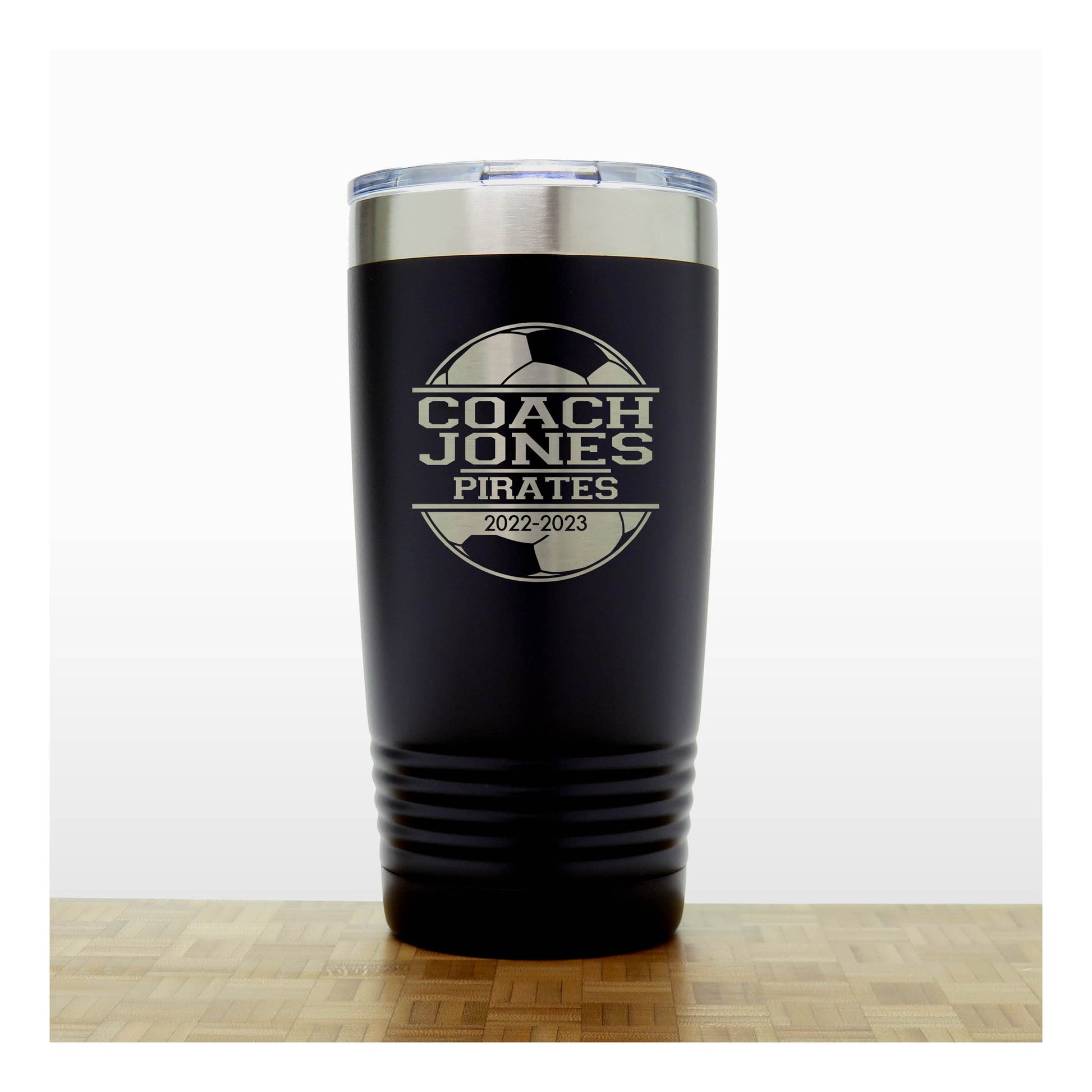 Black - Soccer Coach Insulated Tumbler - 20 oz Insulated Tumbler - Copyright Hues in Glass