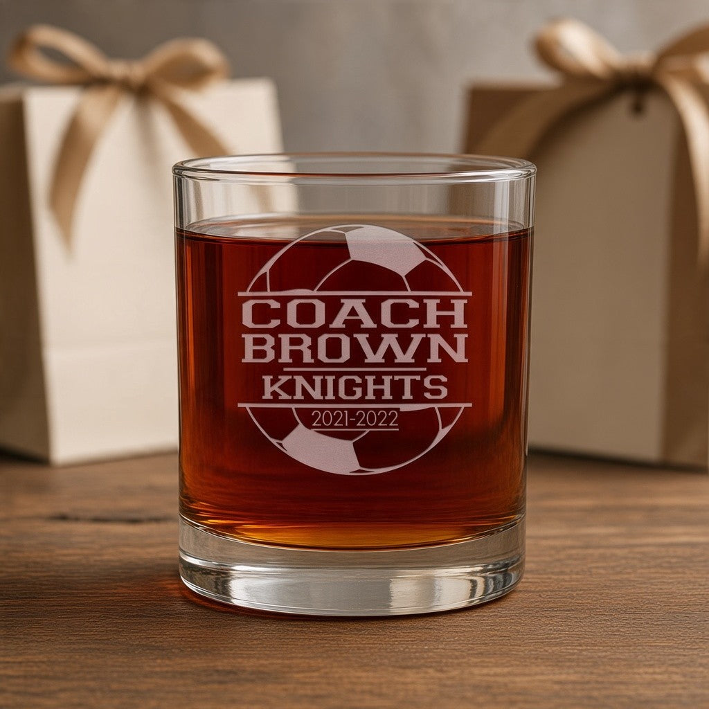 Soccer Coach Engraved 11oz Whiskey Glass - Deeply Etched Rocks Glass
