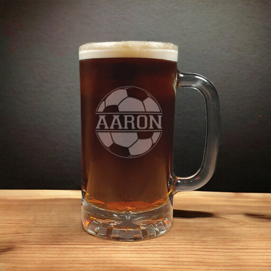 Soccer Player Beer Mug With Team Name and Year - Copyright Hues in Glass
