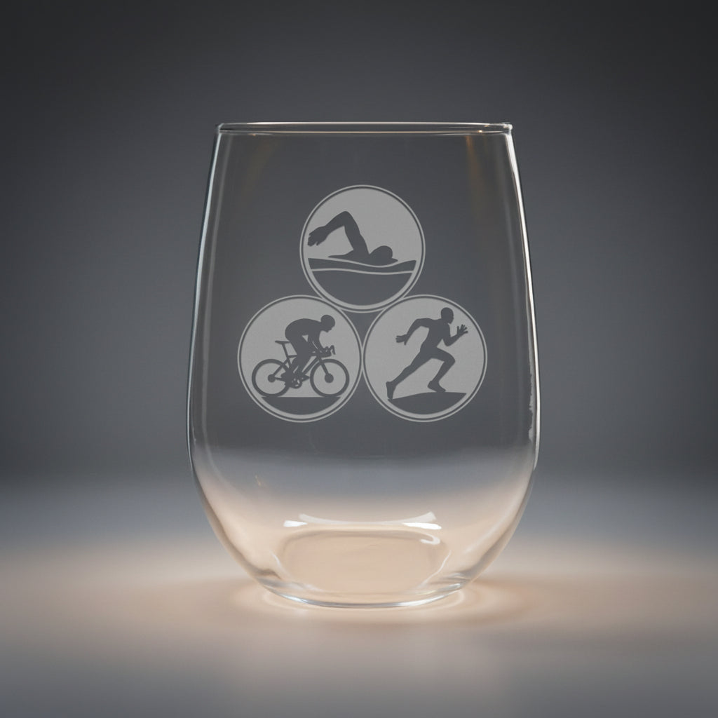 Personalized Triathlon Stemless Wine Glass 17oz - Custom Deep Sandblasted Athlete Keepsake - Swim Bike Run Engraved Barware