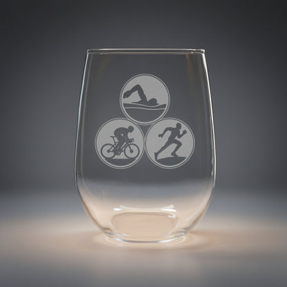 Personalized Triathlon Stemless Wine Glass 17oz - Custom Deep Sandblasted Athlete Keepsake - Swim Bike Run Engraved Barware