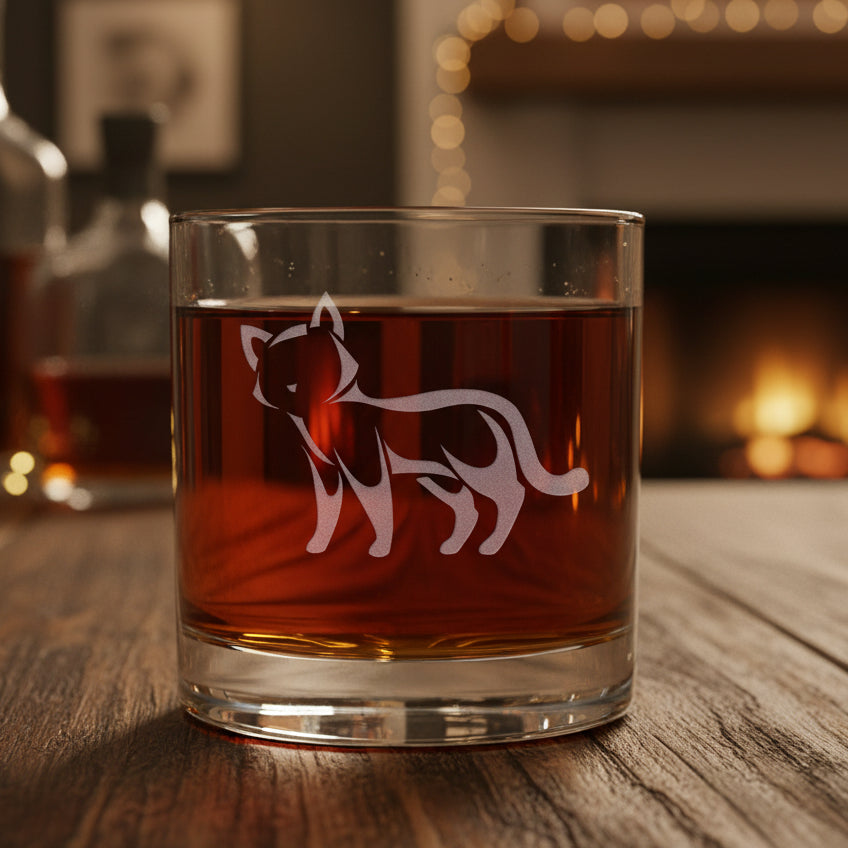 A clear rocks glass filled with an amber-red drink, featuring an etched cat silhouette on the front.