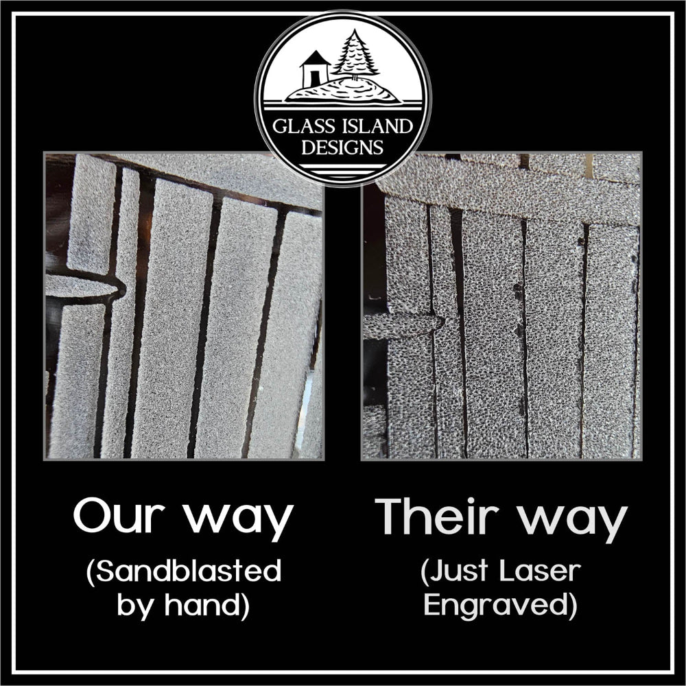 Comparison Image of etching/engraving on glass. High quality sandblasting vs just laser engraving.