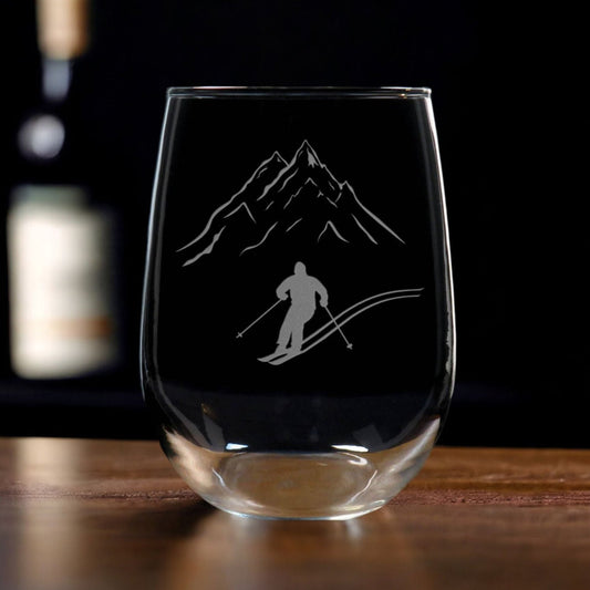 Skier Stemless Wine Glass - Copyright Hues in Glass