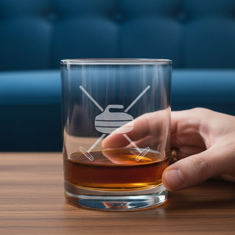 A clear lowball glass with an etched curling design, partially filled with amber liquor, resting on a wooden table with a hand holding it in front of a blue tufted sofa.