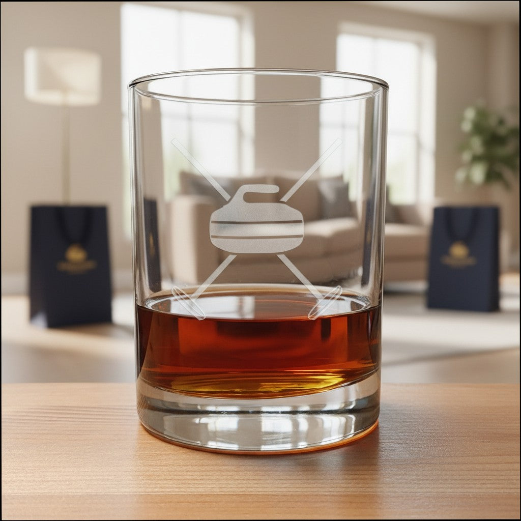 A clear glass rocks tumbler with an etched curling handle design, partially filled with amber whiskey, set on a wooden table in a softly blurred living room background.