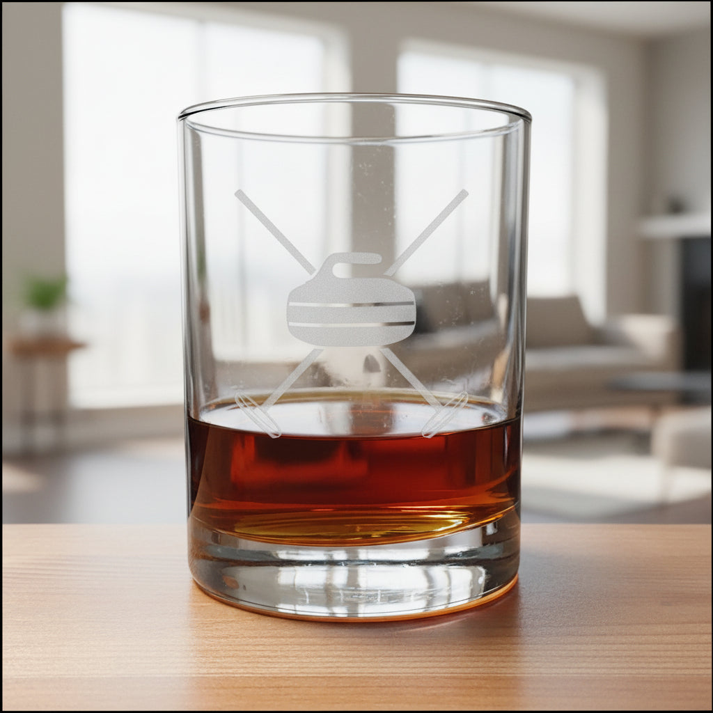 A clear lowball glass with an etched curling theme, partially filled with amber liquor, sitting on a wooden surface 