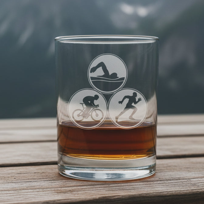 Clear glass tumbler with Triathlon symbols filled with amber liquid on a wooden surface.