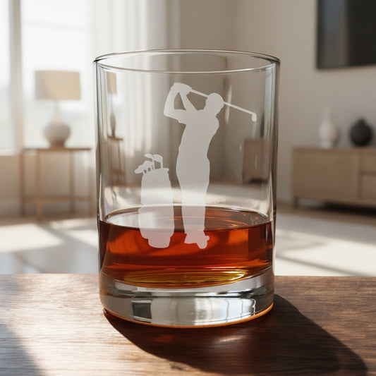 A 13 oz Whisky Glass with an etched golfer and golf bag - Copyright Hues in Glass