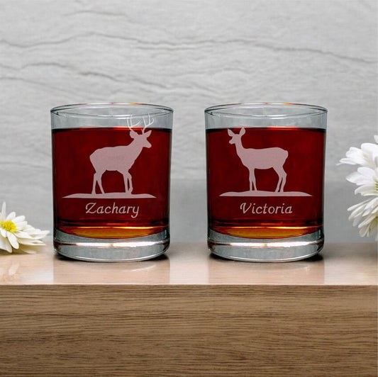 Stag and Doe Personalized Whiskey Glasses – Set of 2 Sand Carved 11oz Glasses – Rustic Wedding or Anniversary Gift