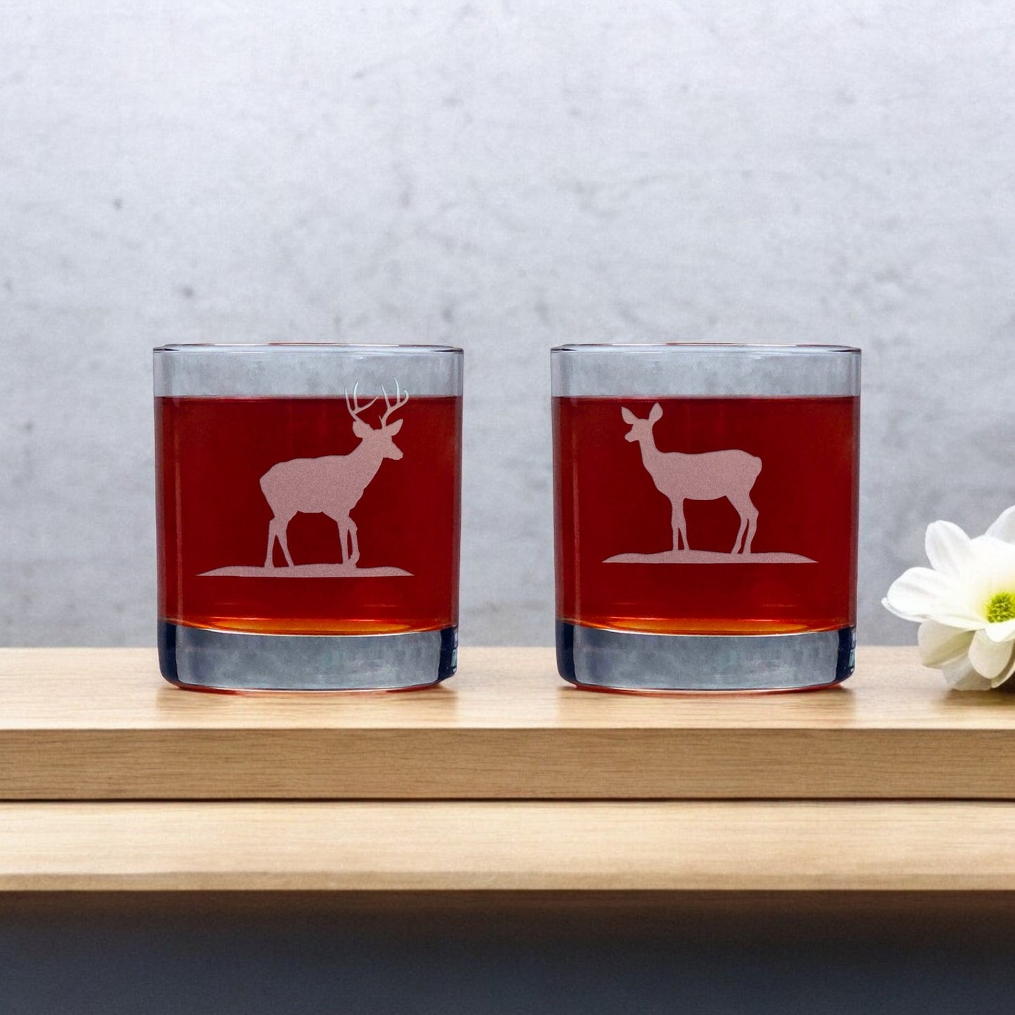 Stag and Doe Personalized Whiskey Glasses – Set of 2 Sand Carved 11oz Glasses – Rustic Wedding or Anniversary Gift