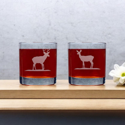 Stag and Doe Personalized Whiskey Glasses – Set of 2 Sand Carved 11oz Glasses – Rustic Wedding or Anniversary Gift
