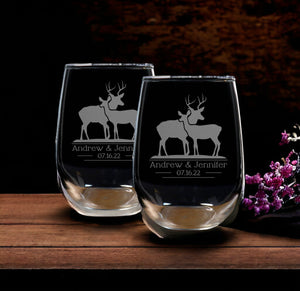 Set of 2 - Stag and Doe Stemless Wine Glass - Copyright Hues in Glass