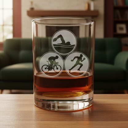 Clear glass tumbler with Triathlon symbols filled with amber liquid 