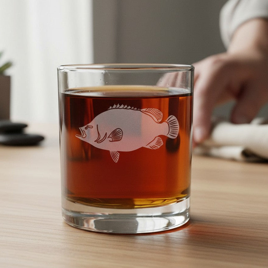 A clear rocks glass with an etched fish design, filled with amber-colored liquor, set on a wooden table with a hand reaching in the background.