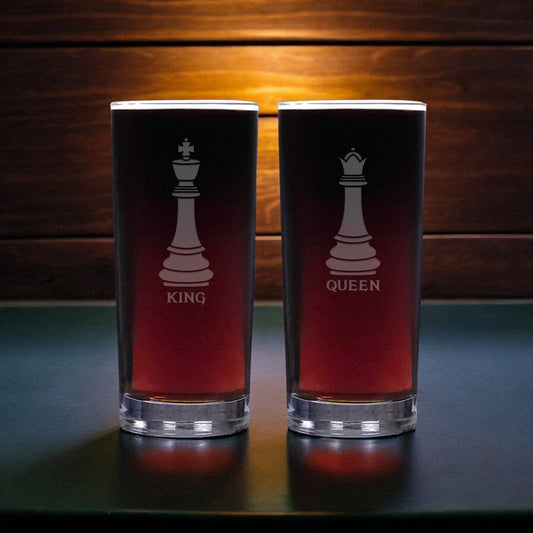 Set of 2 Chess Glass Cooler Glasses with an image of the King and Queen pieces - copyright Hues in Glass 