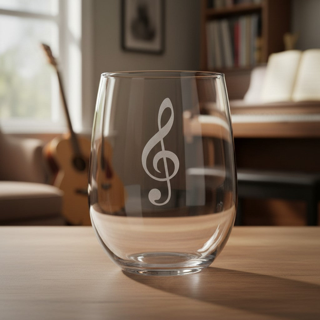 Stemless wine glass with a treble clef etching on a wooden surface with a music room in the background