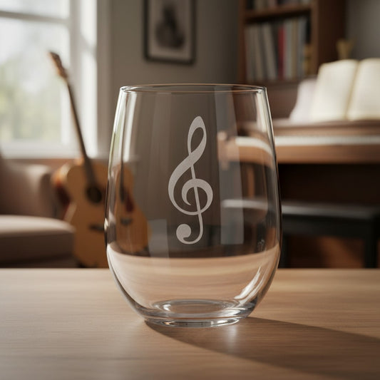 Stemless wine glass with a treble clef etching on a wooden surface with a music room in the background