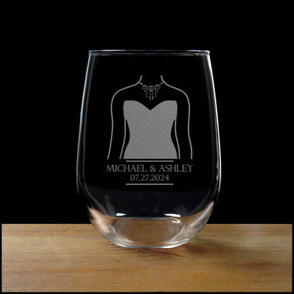 Bride and Groom 17oz Stemless Wine Glass - Gift for Happy Couple - Set of 2 Sandblasted Personalized Glasses