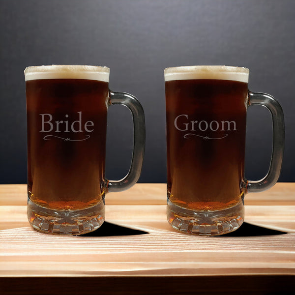 Bride and Groom Beer Mug design - Dark Beer - Copyright Hues in Glass