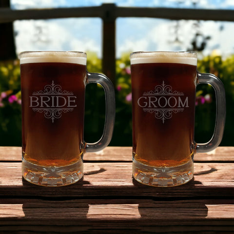Set of 2 Beer Mug with the words Bride and Groom  - copyright Hues in Glass