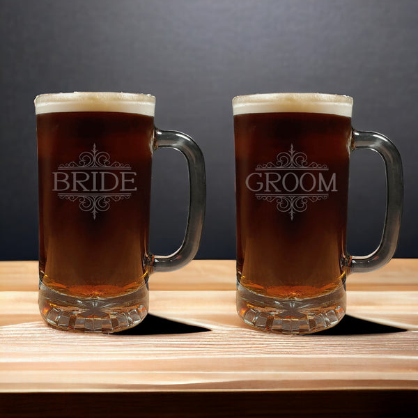 Set of 2 Beer Mug with the words Bride and Groom - copyright Hues in Glass