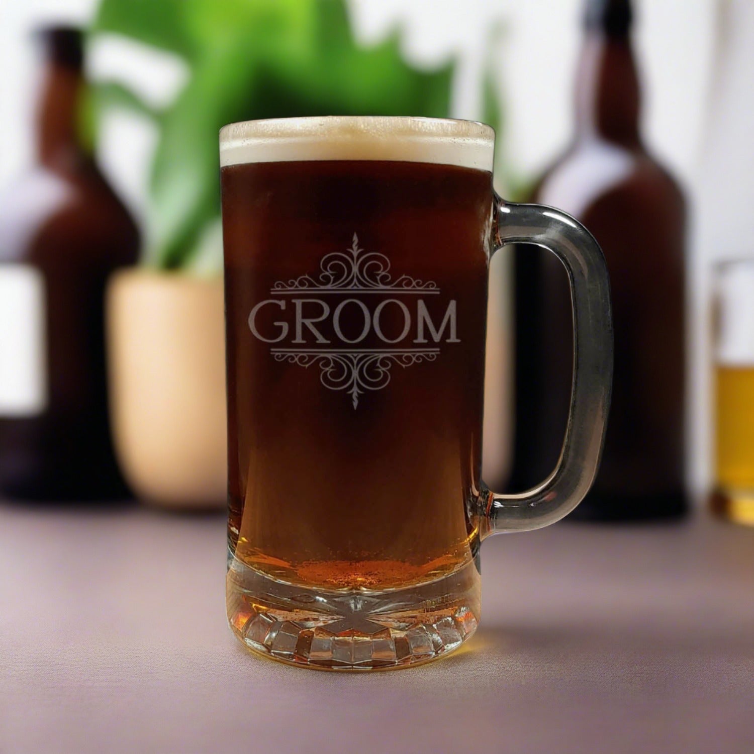 Classical Groom Beer Mug design - Dark Beer - Copyright Hues in Glass