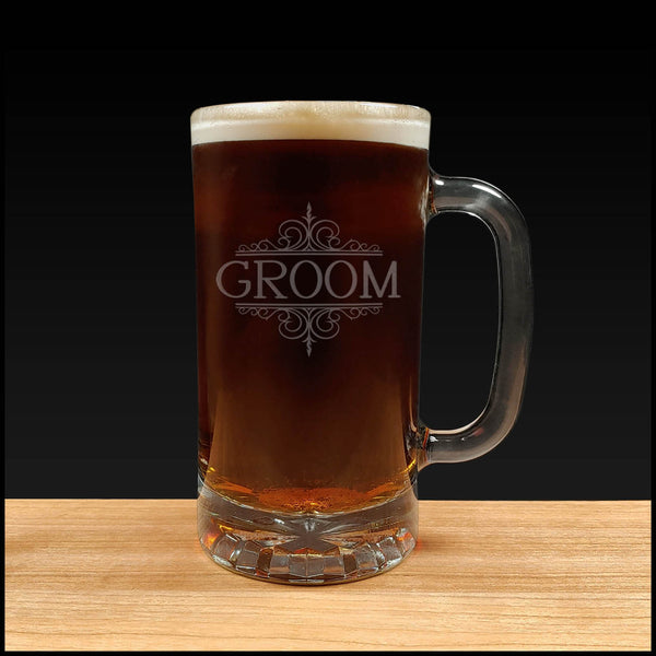 Bride and Groom 16oz Engraved Beer Mug with Classical Design - Set of 2 - Customize with Date on the back of the mug