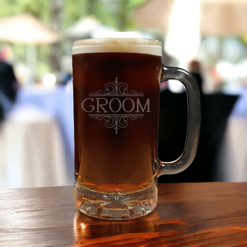 Groom 16oz Engraved Beer Mug with Classical Design - Wedding Personalized Gift