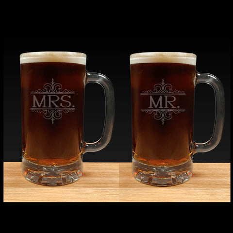 Set of 2 -Classical Mr. and Mrs. Beer Mugs - copyright Hues in Glass