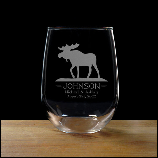 Moose 17oz Stemless Wine Glass for the Bride and Groom - Set of 2 Newlywed Personalized Glasses