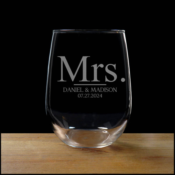 Mr. and Mrs. 17oz Stemless Wine Glasses - Set of 2 Glasses for Bride and Groom - Newly Wed Personalized Gift