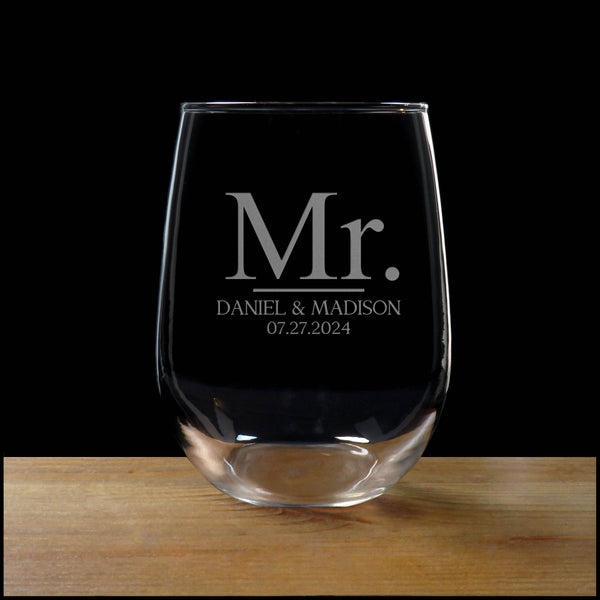 Mr. and Mrs. 17oz Stemless Wine Glasses - Set of 2 Glasses for Bride and Groom - Newly Wed Personalized Gift