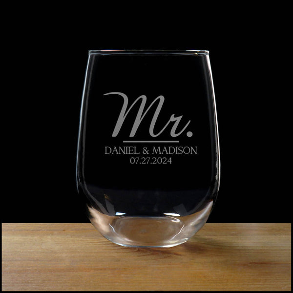 Mr. and Mrs. 17oz Stemless Wine Glasses - Gift for Bride and Groom - Set of 2 Sandblasted Personalized Glass