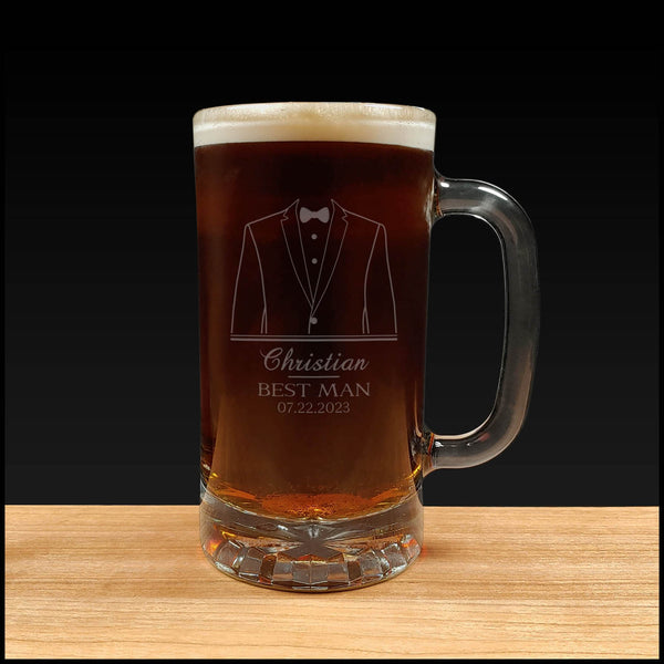 Best Man Beer Mug - Tuxedo design - Dark Beer - Copyright Hues in Glass