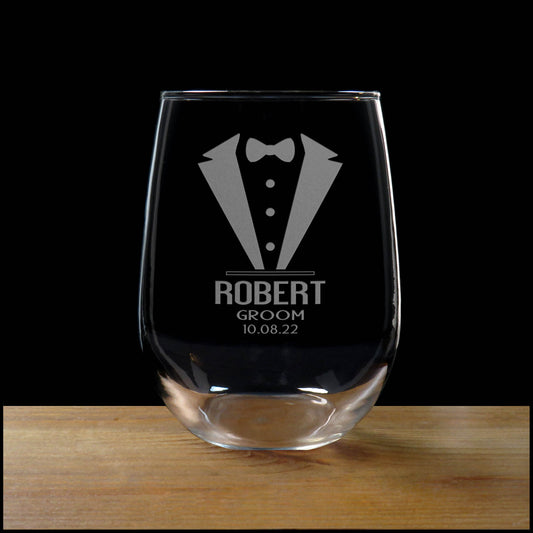Groom Stemless Wine Glass – Sandblasted Etched 17 oz Wine Glass, Groom Wedding Keepsake