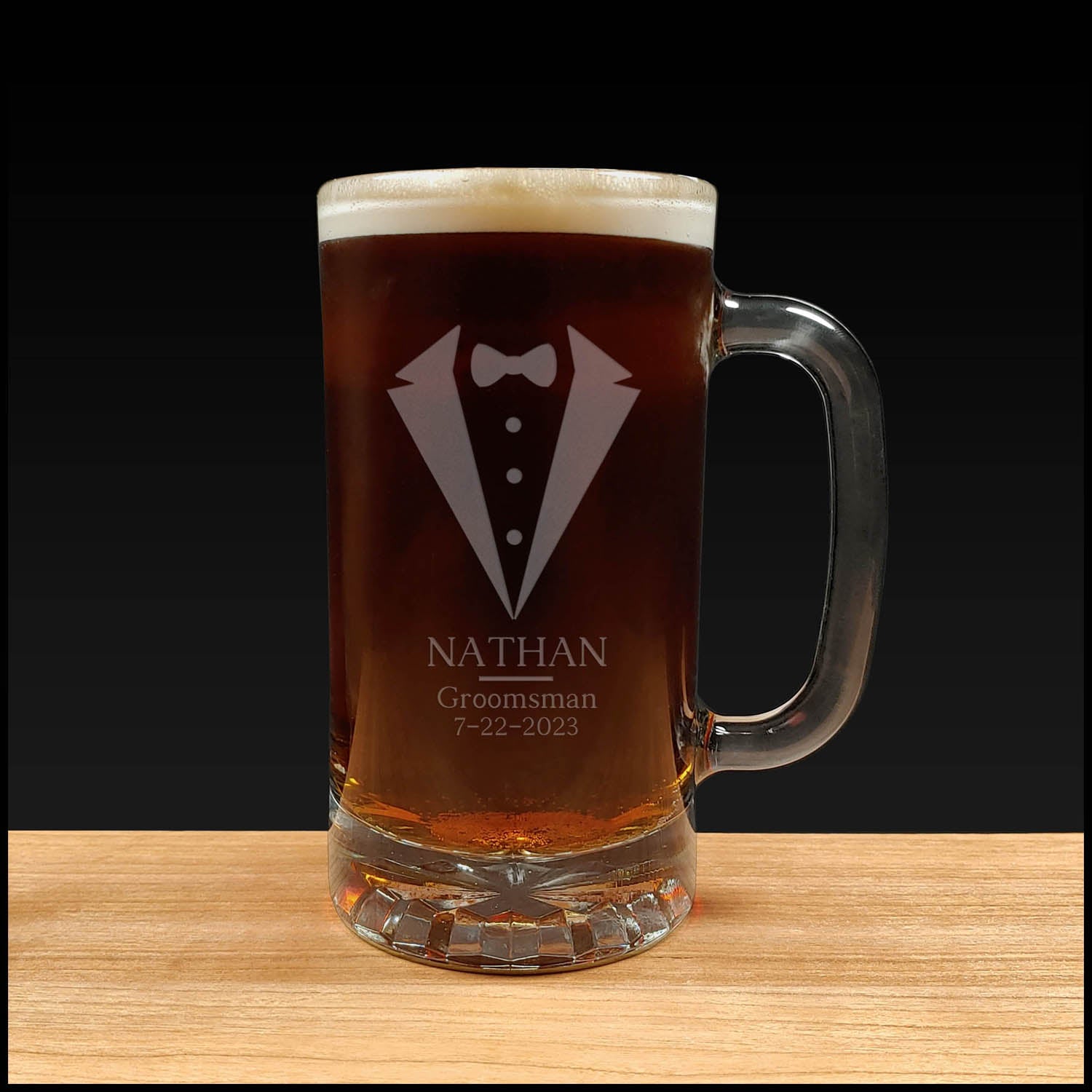 Groomsman Aardvark Beer Mug with Tuxedo design - Dark Beer - Copyright Hues in Glass