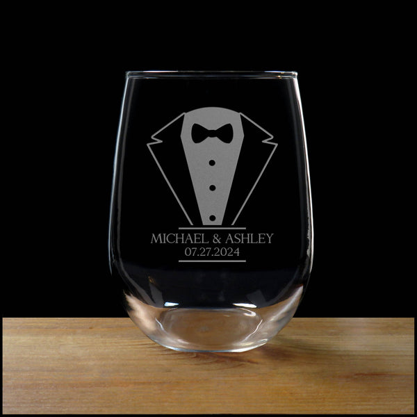 Bride and Groom 17oz Stemless Wine Glass - Gift for Happy Couple - Set of 2 Sandblasted Personalized Glasses