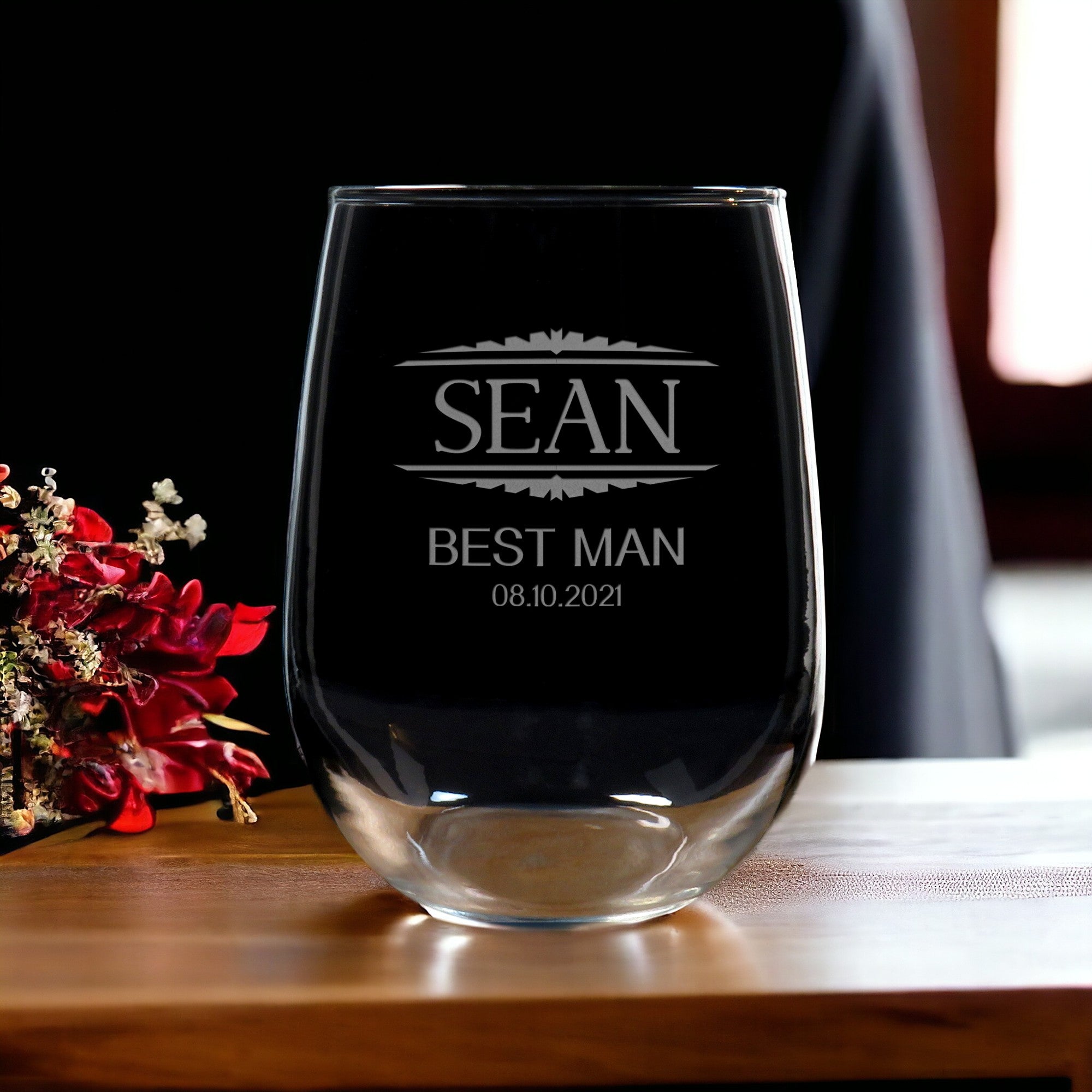 Wedding Party 17oz Stemless Wine Glass - Deeply Etched Personalized Gift for Best Man, Groomsman, Father of the Bride and Groom
