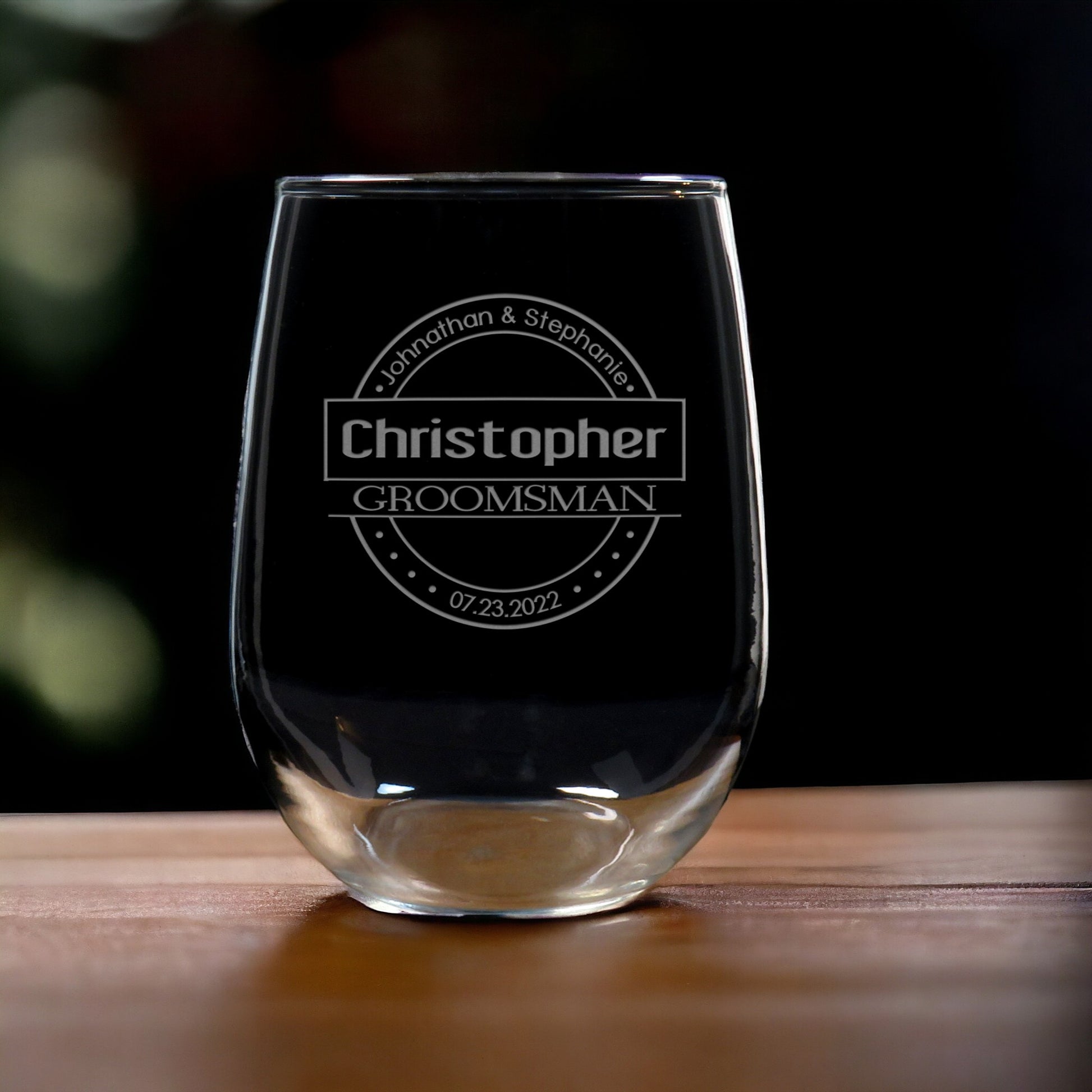 Groomsman Stemless Wine Glass - Copyright Hues in Glass