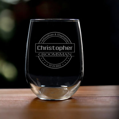 Groomsman Stemless Wine Glass - Copyright Hues in Glass