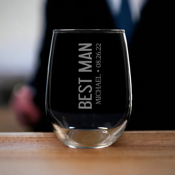 Best Man 17oz Stemless Wine Glass - Wedding Party Deeply Etched Personalized Gift for Best Man, Groomsman, Father of the Bride and Groom