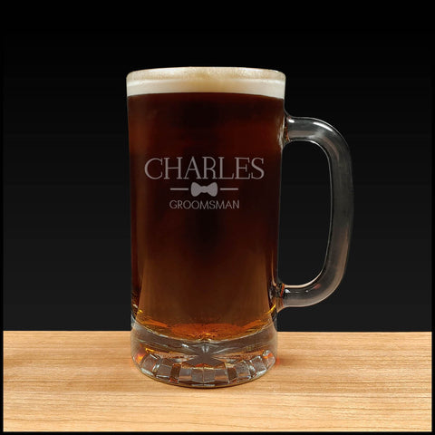 Groomsman Beer Mug with Bow Tie design - Dark Beer - Copyright Hues in Glass