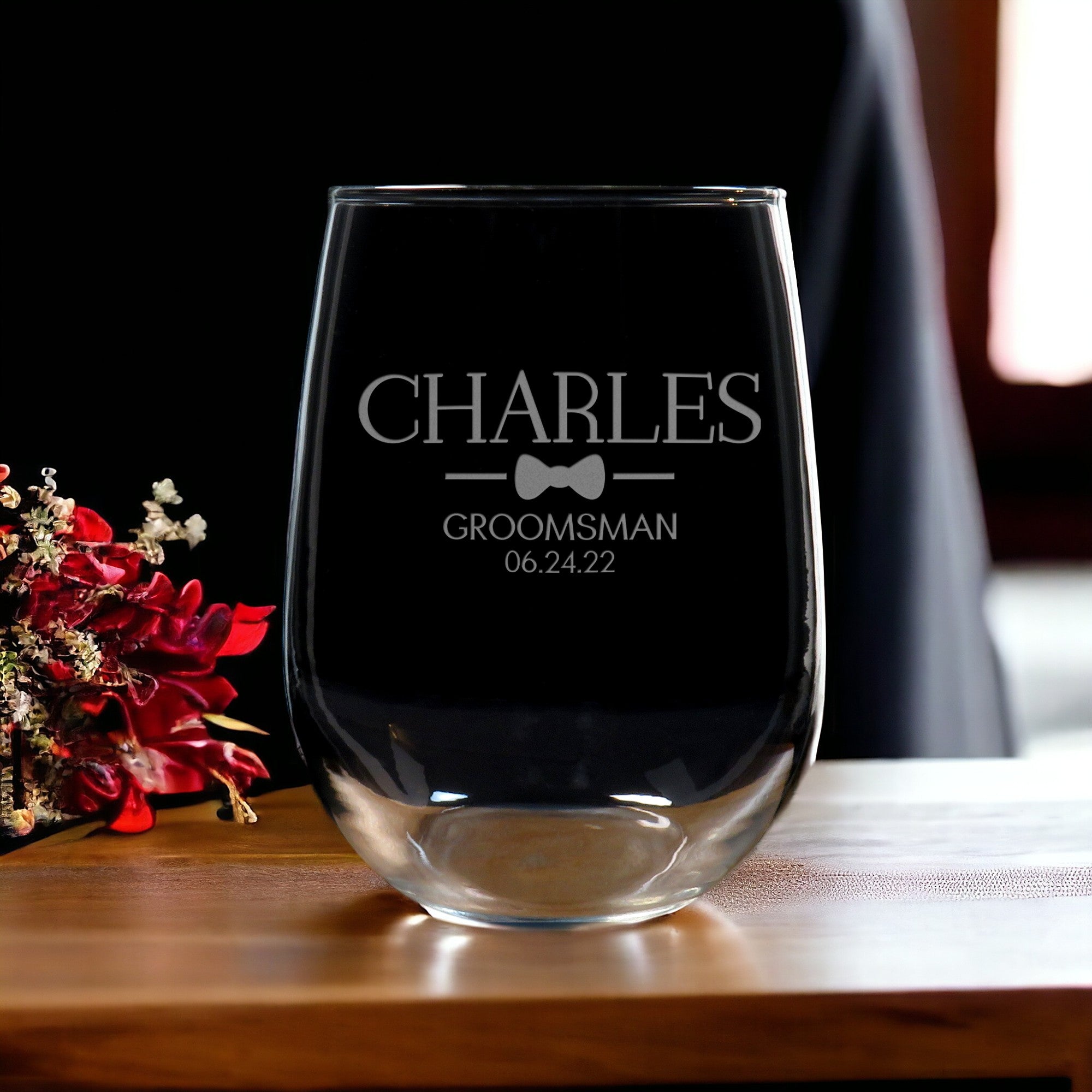 Groomsman Bow Tie 17ozStemless Wine Glass - Gift for Wedding Party - Sandblasted Customized Glass for Best Man, Groomsman, Father of the Bride and Groom, Sandblasted Customized Glass
