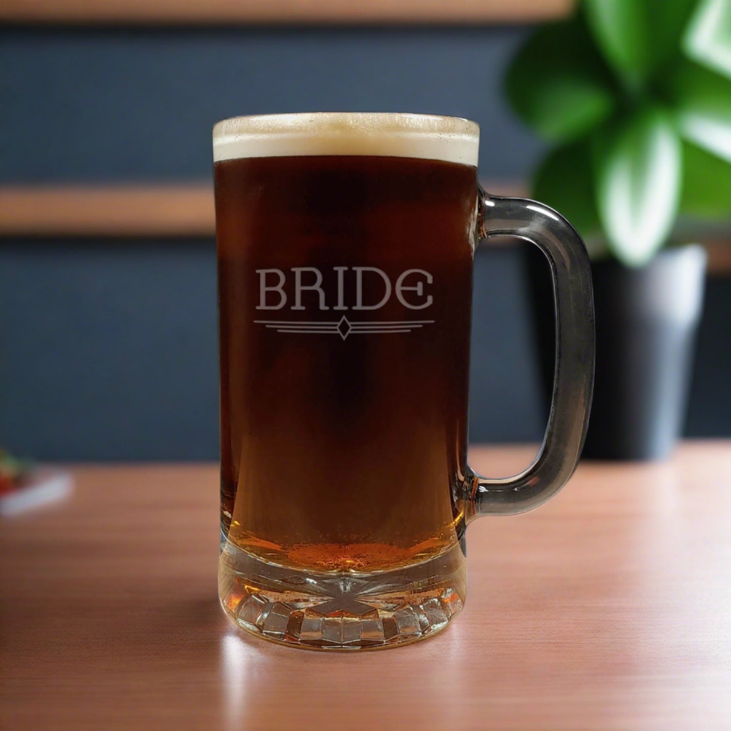 The word Bride Design 16oz Beer Mug design - Dark Beer - Copyright Hues in Glass