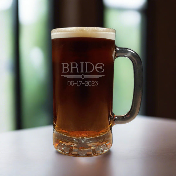 The word Bride Design wedding date underneath 16oz Beer Mug design - Dark Beer - Copyright Hues in Glass